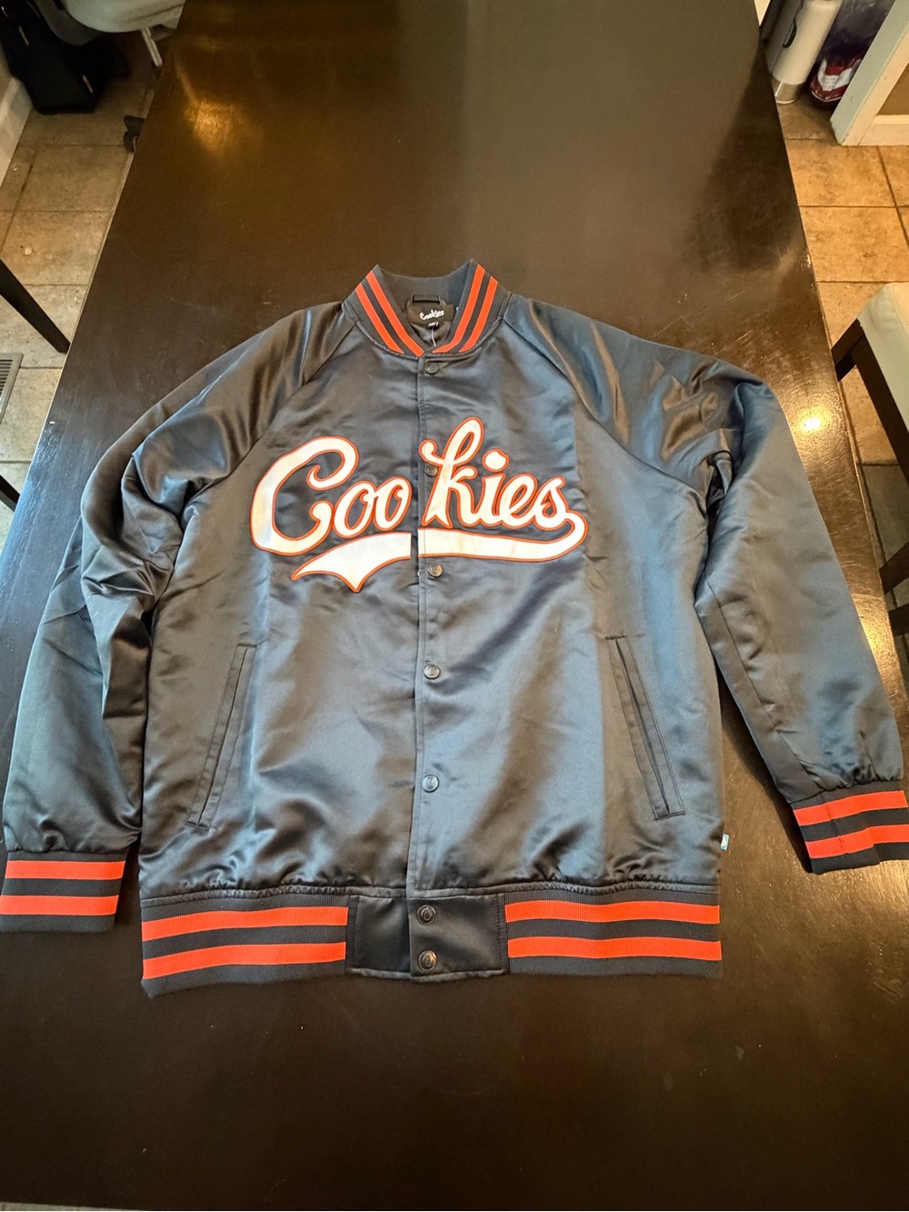 Cookies Men’s Black Satin Bomber Jacket with Red Trim